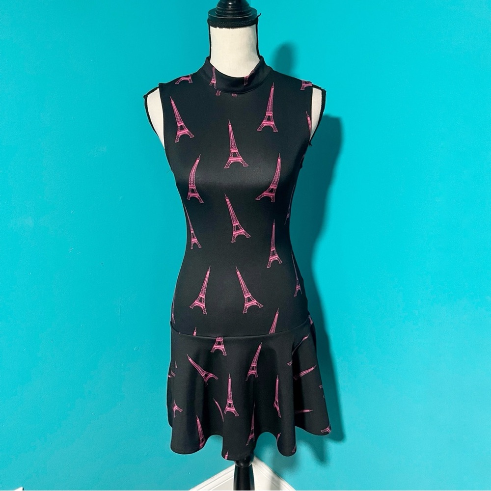 H&M XS Black Pink Eiffel Tower Paris Neoprene Sleeveless Dress Ruffle Hem